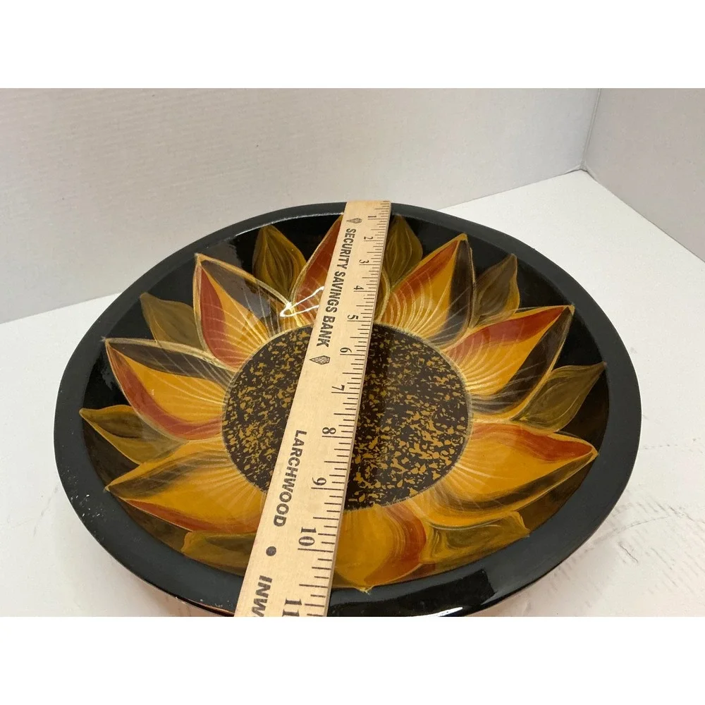 Vintage Sunflower Decorative Bowl Hand Painted Floral Glossy Black 11 Inch